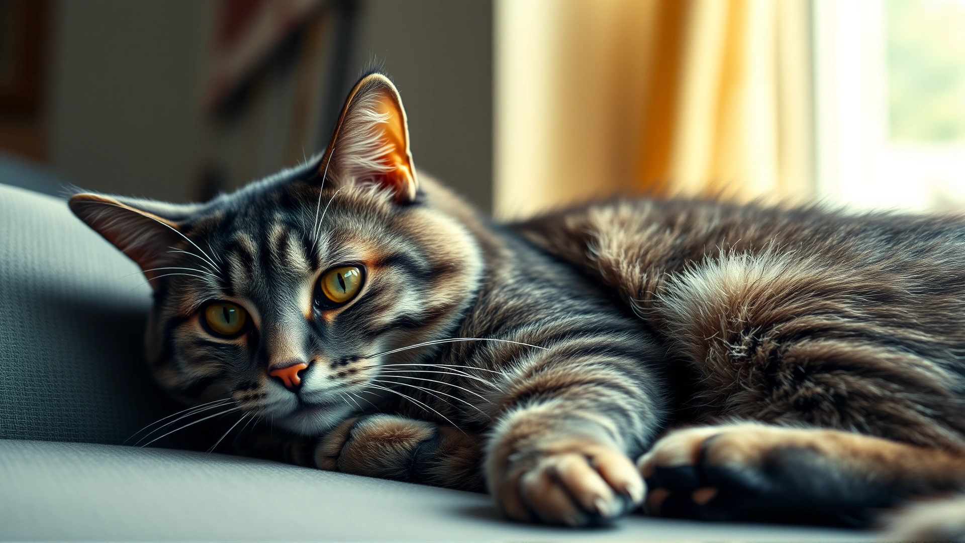 Full-width photo of a grey tabby cat resting on a couch with a worried expression; warm indoor lighting