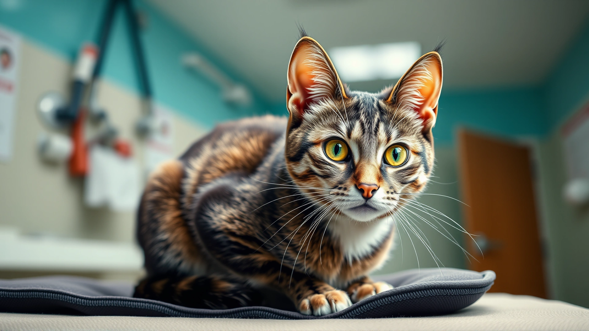 Close-up of an alert domestic short-haired cat sitting on a cushioned surface, looking towards camera with subtle veterinary clinic background, bright lighting highlighting the cat’s eyes
