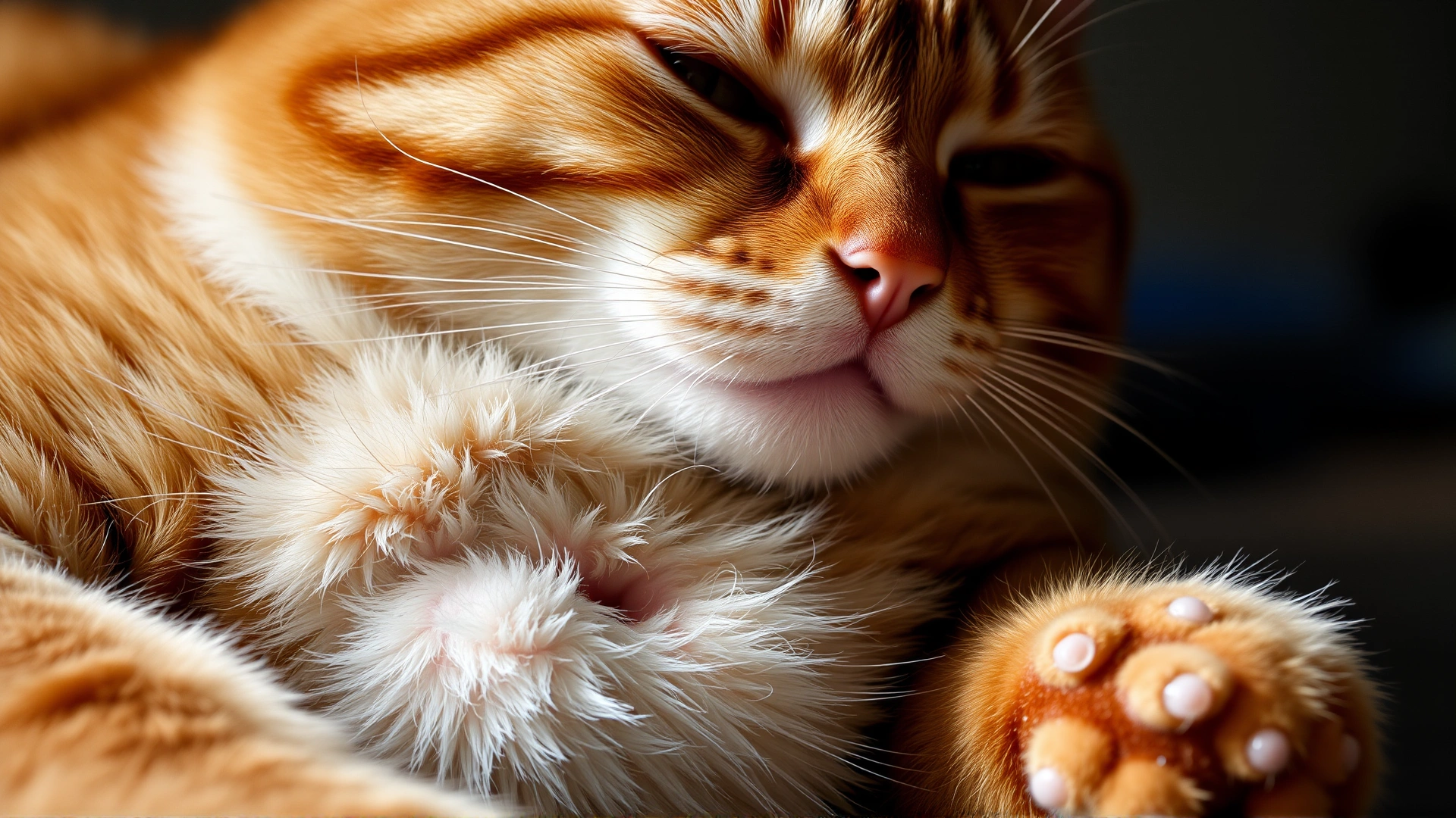 Close-up of a ginger domestic cat lying down with a slightly bloated abdomen in soft natural light
