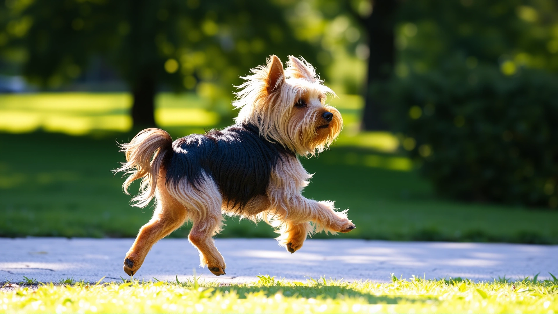 Side profile of a Yorkshire Terrier trotting confidently through a sun-lit green park, capturing the breed's energy and flowing silky coat.