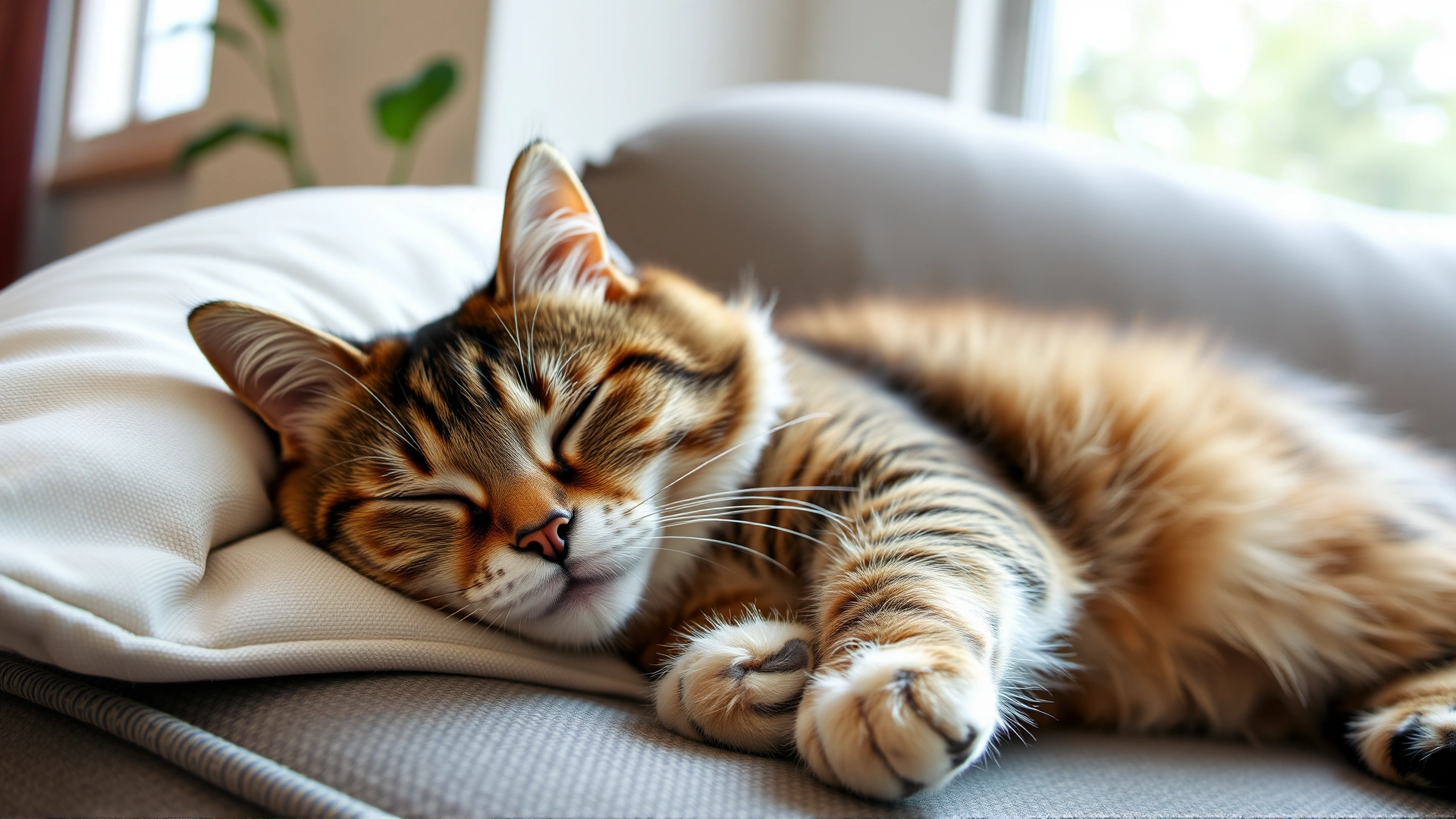 Wide-angle shot of a relaxed cat lying on a couch with its head slightly elevated on a pillow, symbolizing comfort and relief from digestive issues. Soft natural light entering from a window.