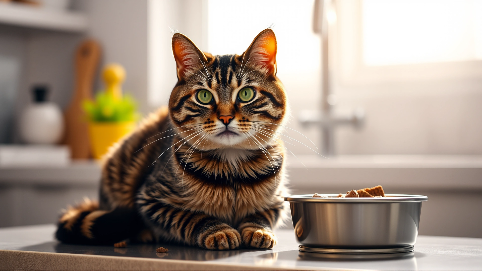 Healthy looking tabby cat sitting on a kitchen counter with a food bowl, soft morning light, conveying overall wellness