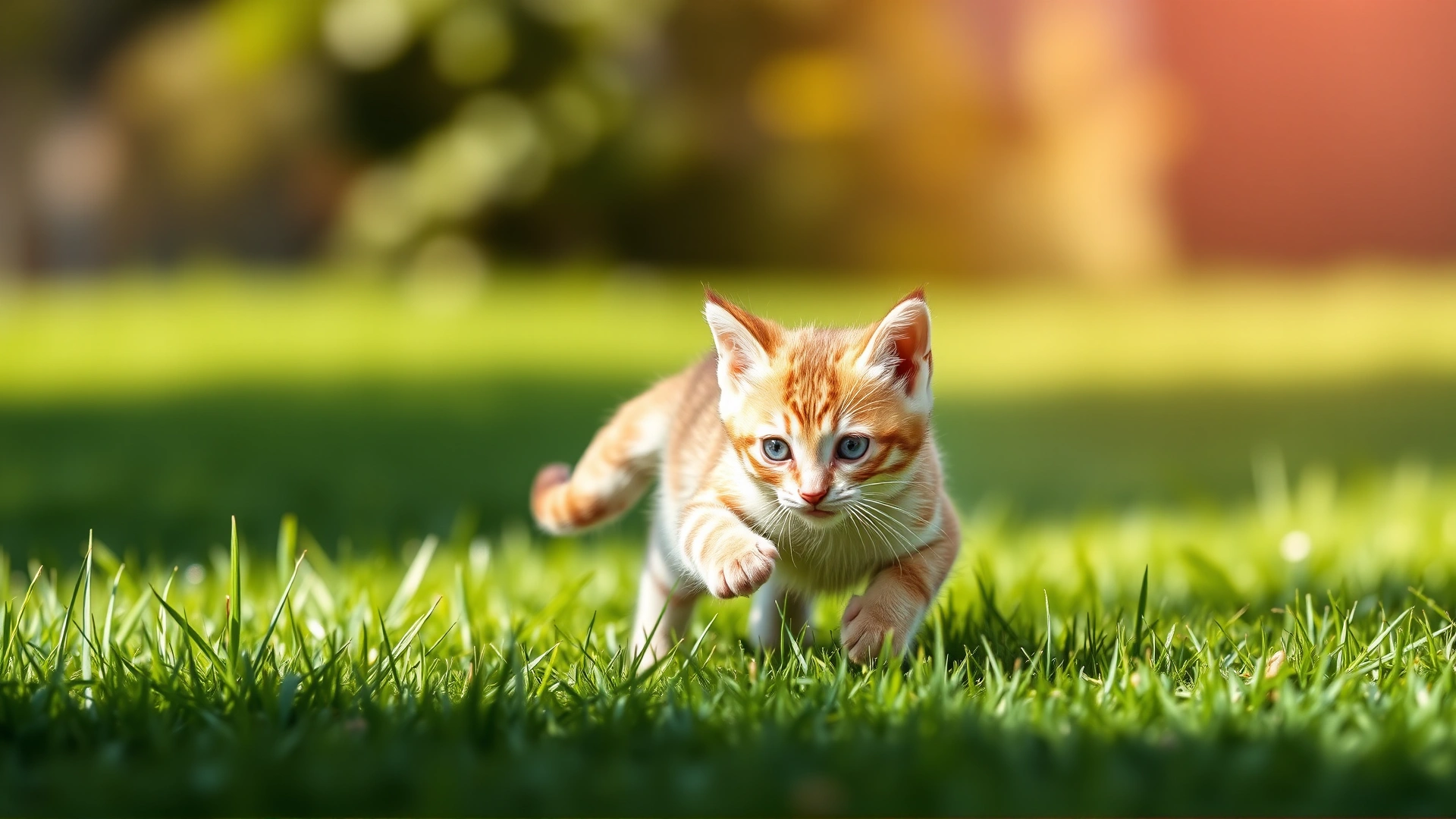 Playful kitten running across green grass, blurred background, bright daylight, wide landscape orientation, no text