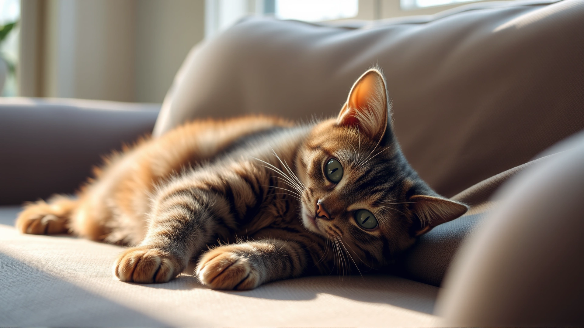A healthy-looking domestic shorthair cat lounging comfortably on a couch, soft natural light coming from a window, conveying well-being
