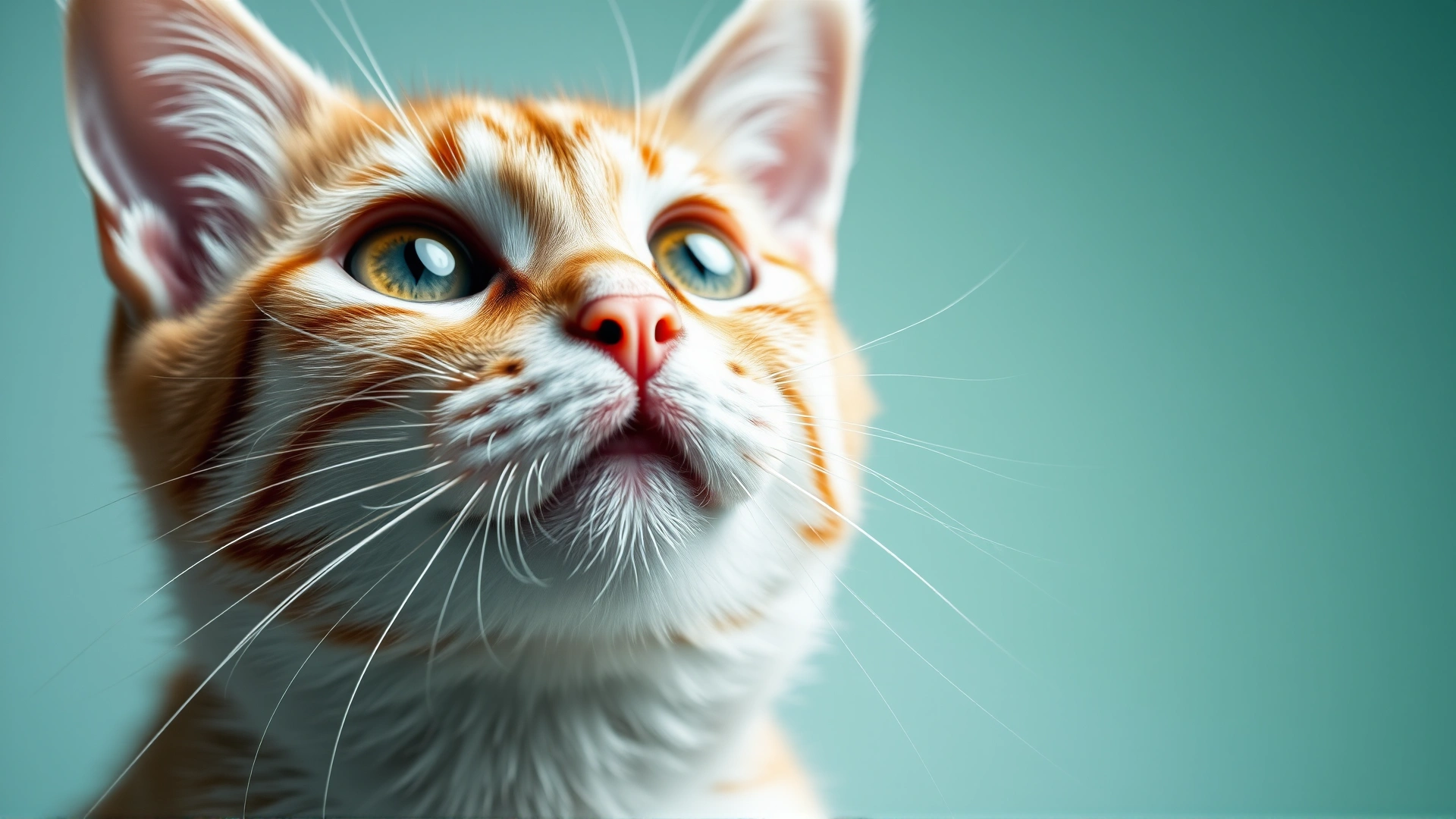 Close-up shot of a healthy cat looking alert with a soft gradient veterinary-themed background for header emphasis