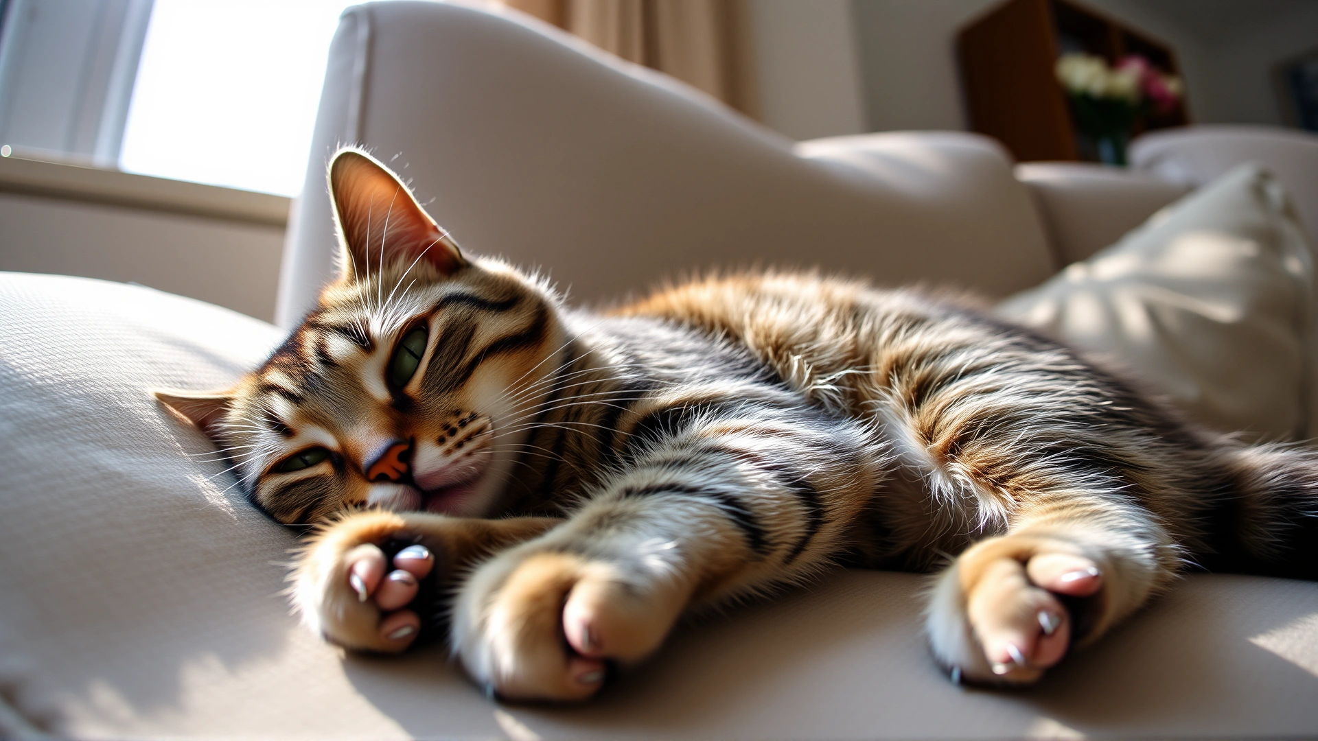 Wide-angle photo of a relaxed tabby cat lying on a sofa with soft natural light, conveying comfort and well-being.
