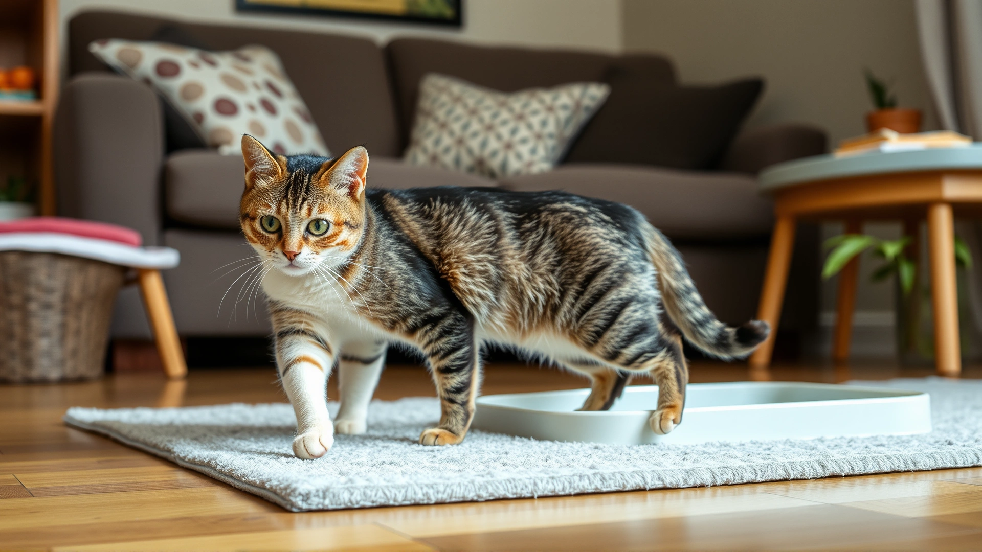 Wide banner image of a domestic cat walking past a litter box in a cozy living room, conveying the theme of feline digestive health.
