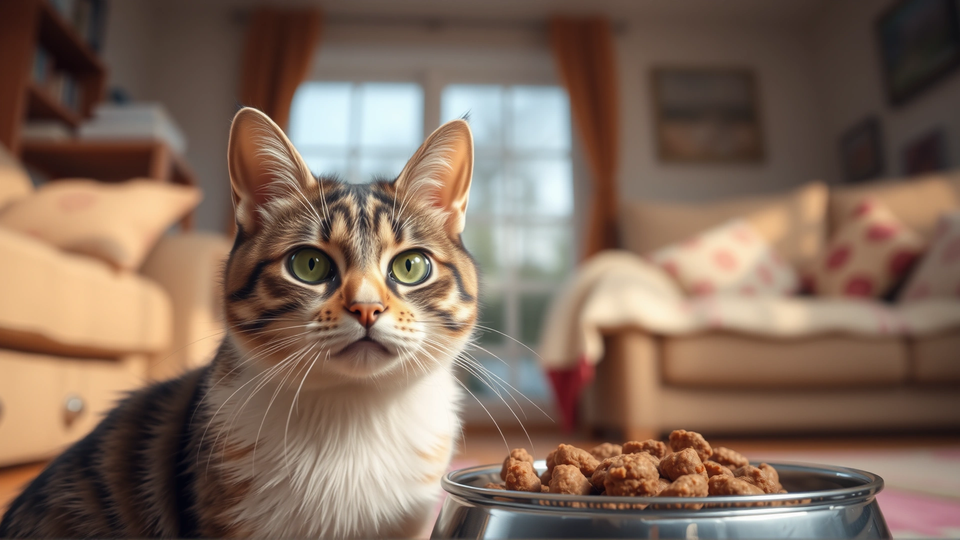 Close-up of a worried domestic cat with slightly dull fur sitting next to a food bowl in a cozy living room, warm natural light