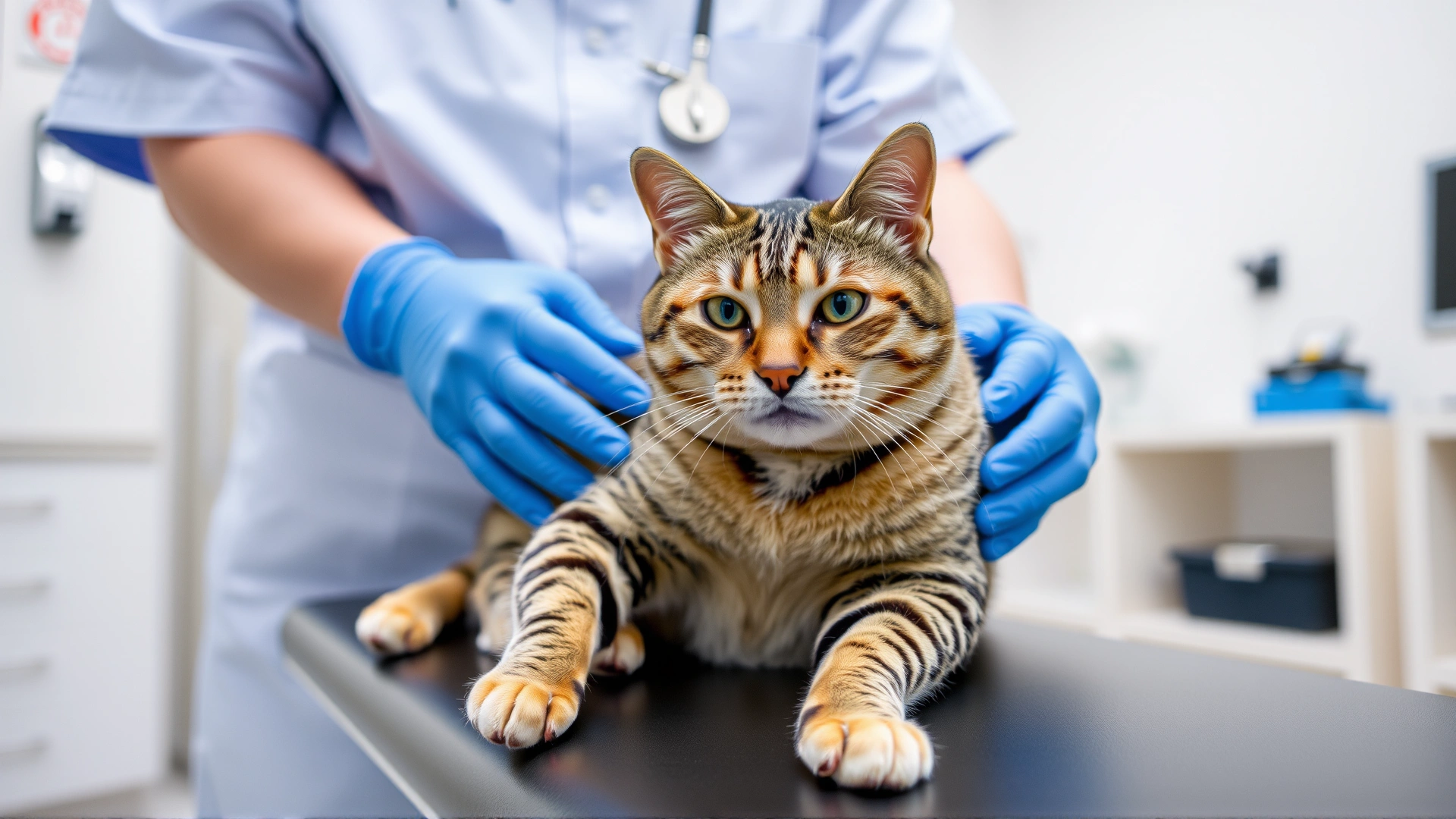 Wide banner photo of a veterinarian gently palpating the abdomen of a relaxed tabby cat on an exam table in a bright, modern clinic.
