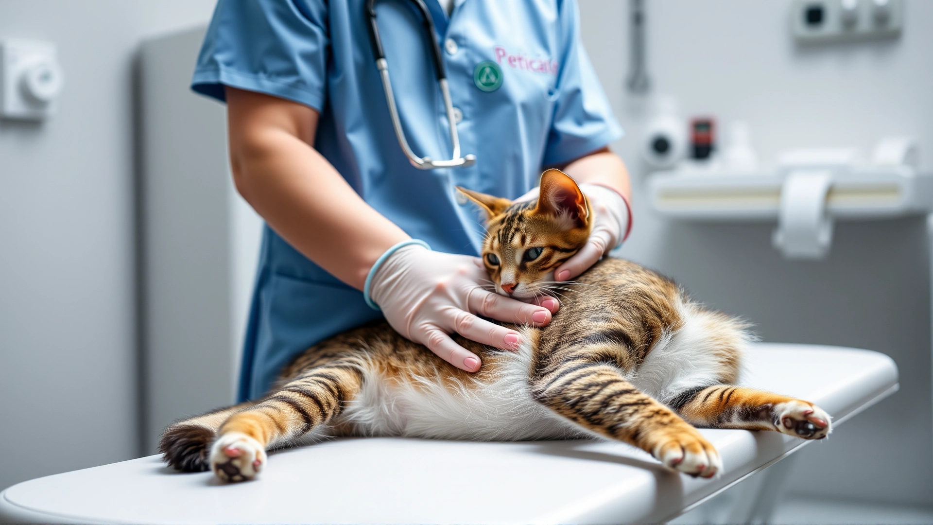 Bright veterinary clinic scene with a veterinarian gently palpating a calm cat's abdomen on the exam table, conveying professional care.