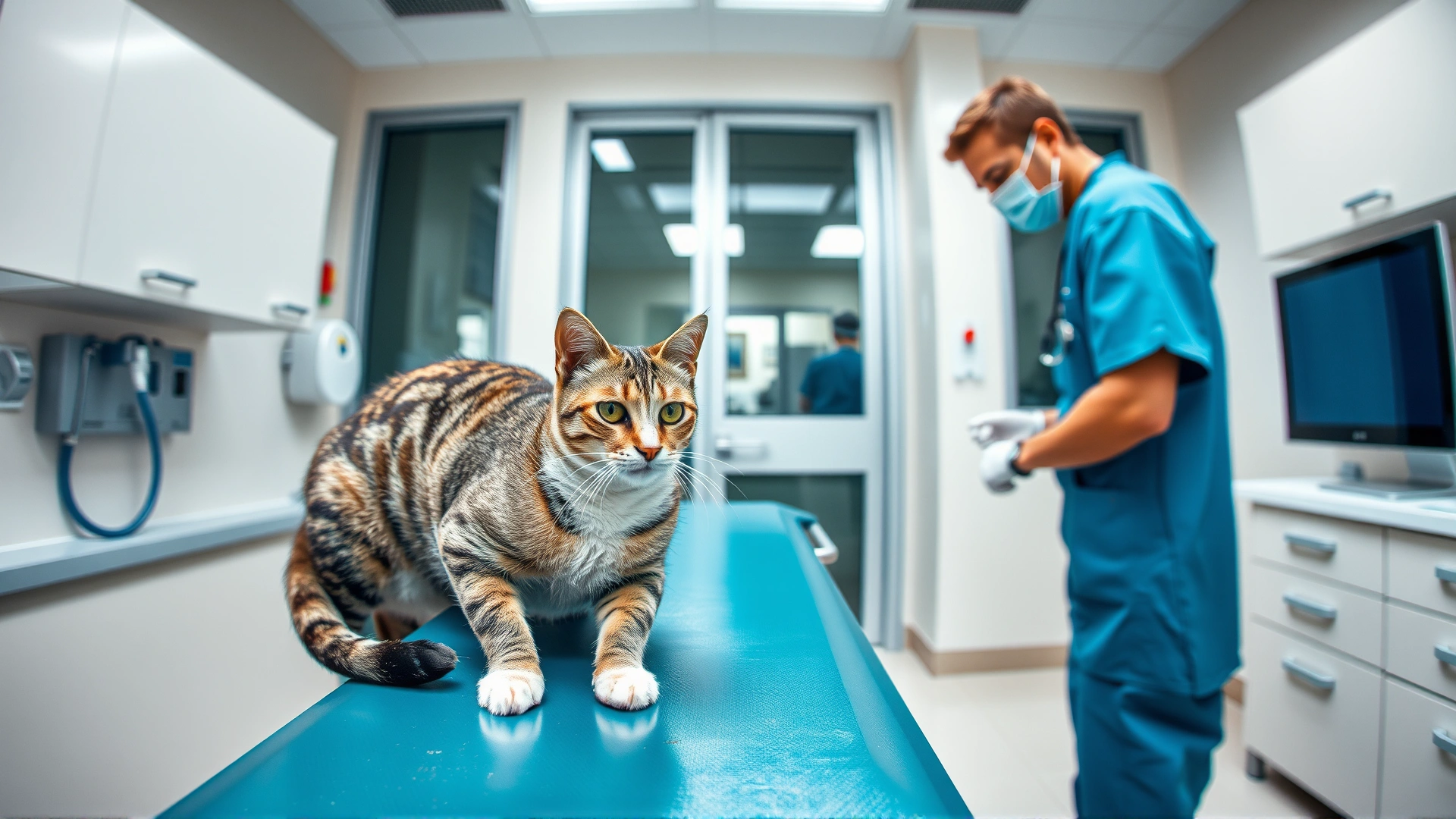 Wide-angle photo of a modern veterinary clinic where a veterinarian in scrubs examines a tabby cat on an exam table, bright lighting and clean environment, conveys professional care and urgency.