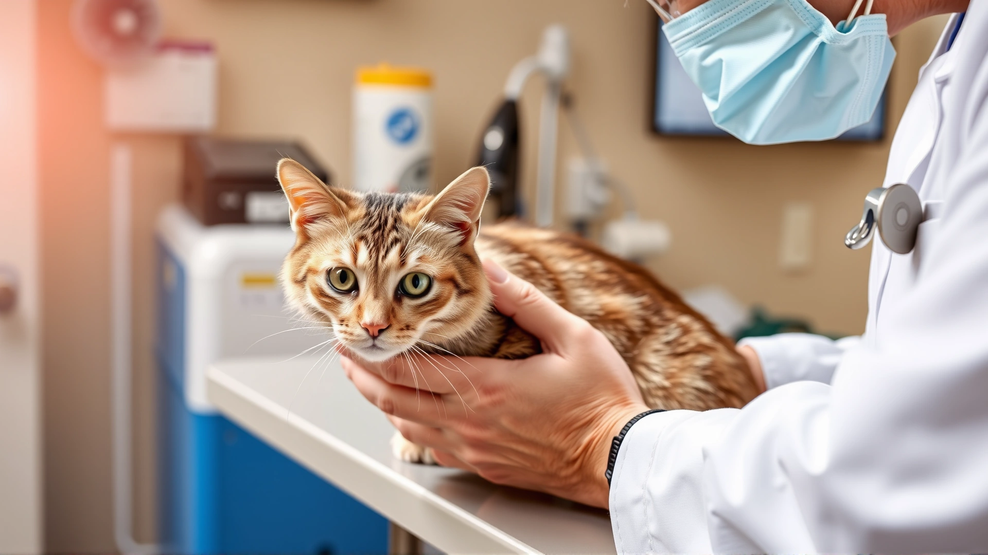 Bright veterinary clinic scene where a veterinarian gently examines a domestic short-haired cat on an examination table.