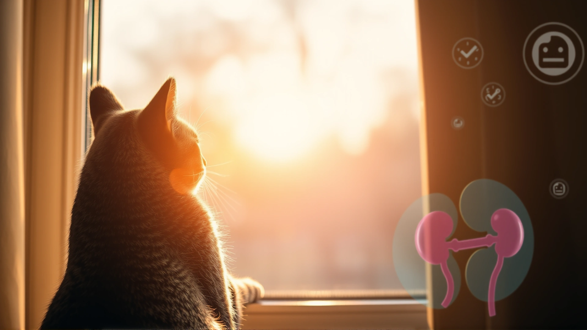 Wide hero banner featuring a senior tabby cat gazing out of a sun-lit window, with a soft overlay of kidney icons blended into the background to suggest kidney health. Warm, calm atmosphere, cinematic lighting.