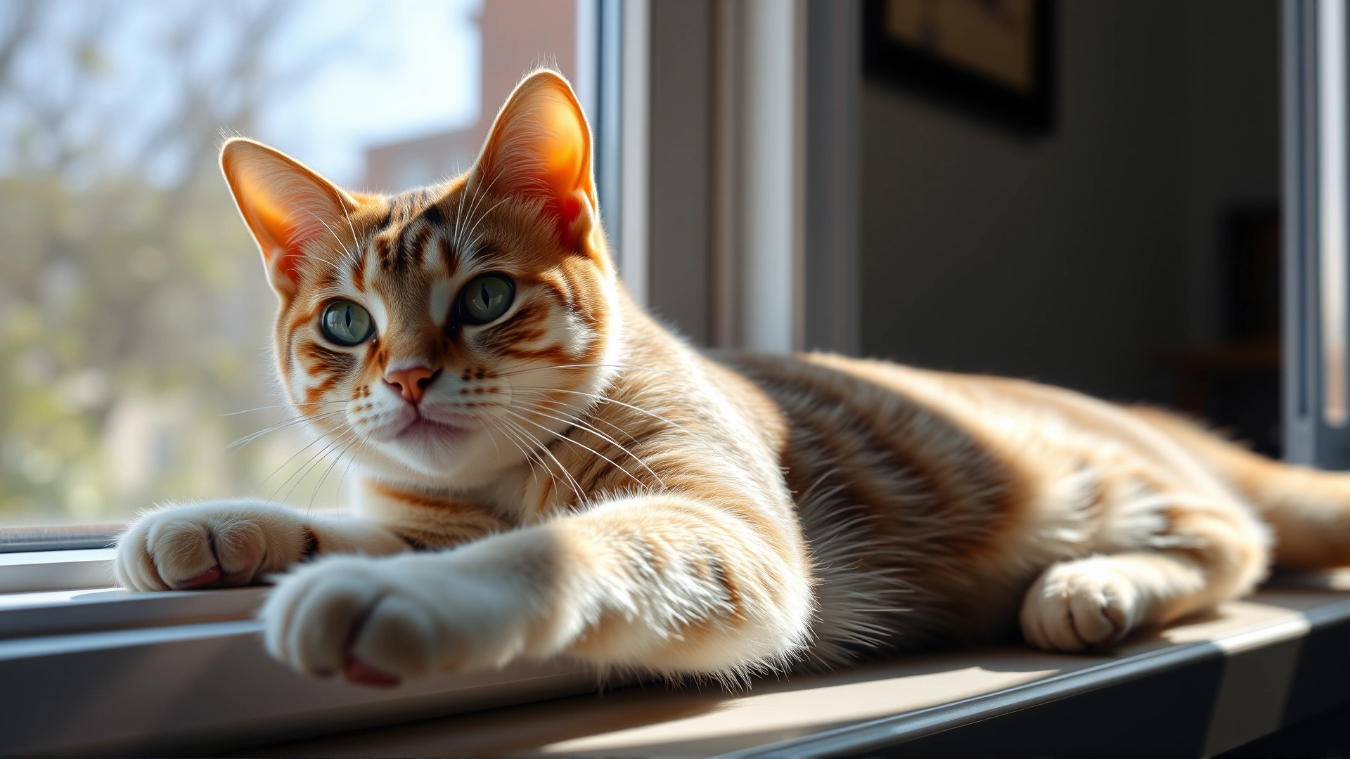 Wide angle shot of a happy domestic cat lying on a veterinary exam table while a veterinarian prepares to examine its ear, bright modern clinic interior