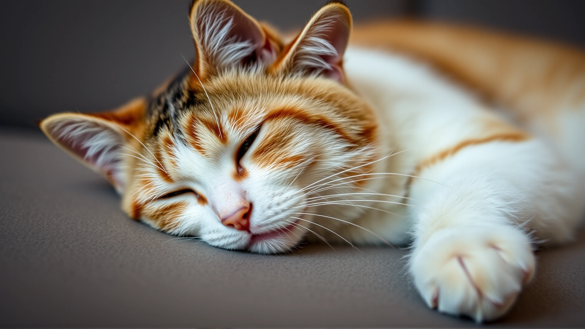 Full-width photo of a tired-looking domestic cat lying on a sofa, eyes half-open, natural lighting, shallow depth of field, no text or graphics.