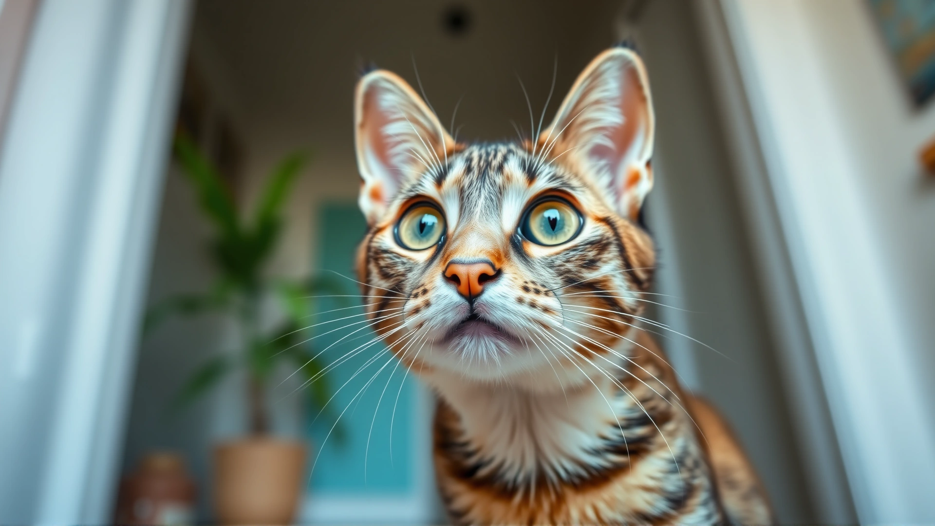 Wide-angle shot of a curious domestic cat looking up with bright eyes against a softly blurred home background, conveying alertness and health.