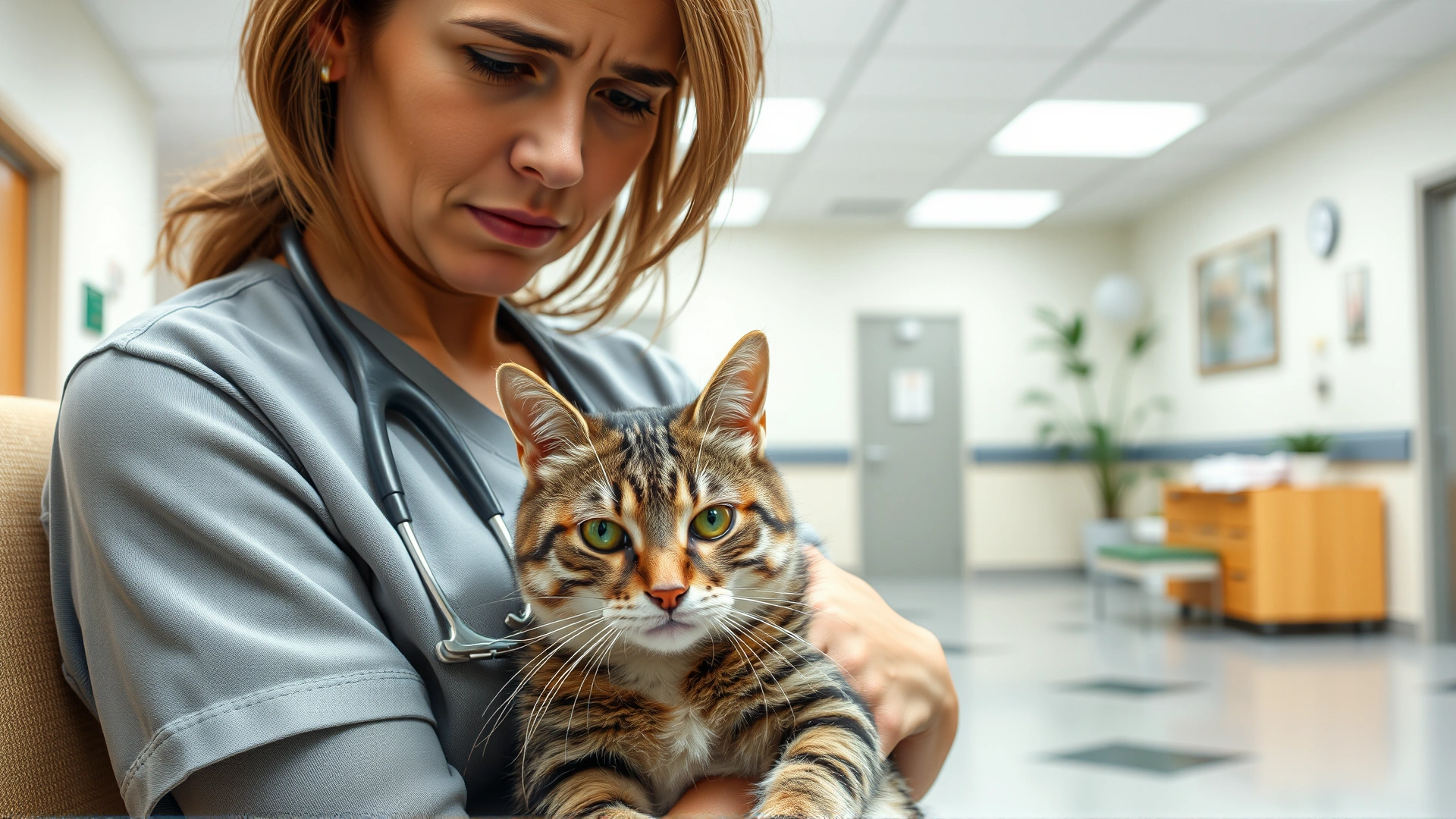 A worried cat owner holding her tabby cat while waiting in a veterinary clinic lobby; focus on cat's expression.