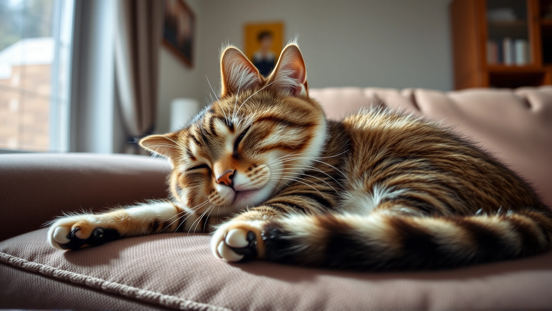 Lethargic tabby cat lying on a couch, looking tired and slightly overweight, natural home setting, soft daylight coming through a window.