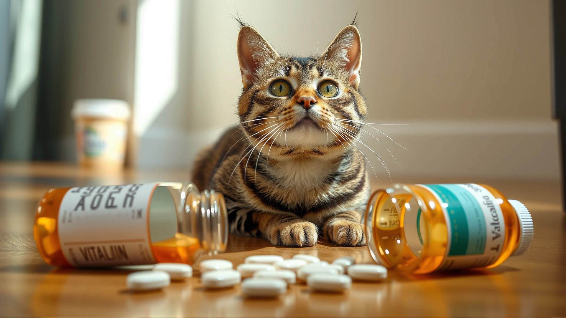 A worried tabby cat looking up while sitting beside an overturned vitamin bottle with iron tablets scattered on the floor, shallow depth of field, bright natural light