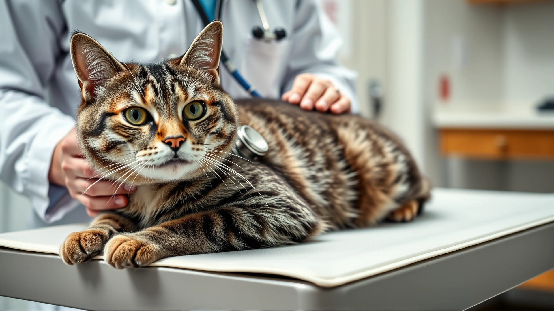 Wide horizontal shot of a veterinarian gently holding a tabby cat on an exam table, clinic background slightly blurred