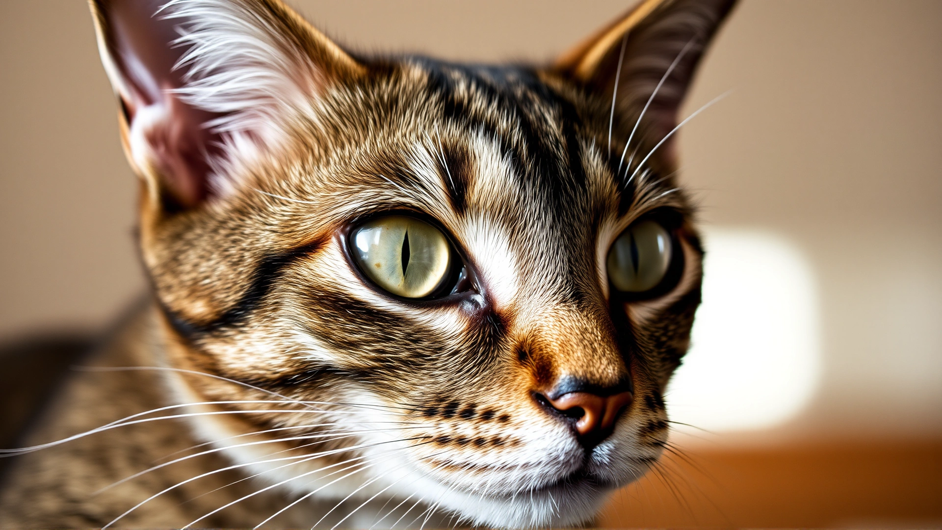 Artistic close-up photograph of a cat’s face where one eye is sharply in focus and well-lit, conveying concern and attention, blurred background in neutral tones