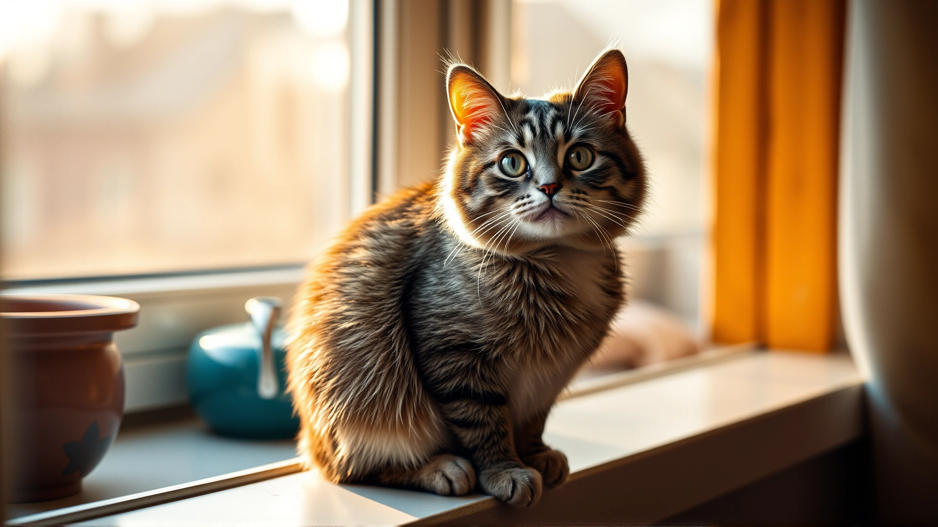 Friendly domestic cat sitting on a windowsill with warm daylight, subtle focus on its eyes, cozy home background, no text on image