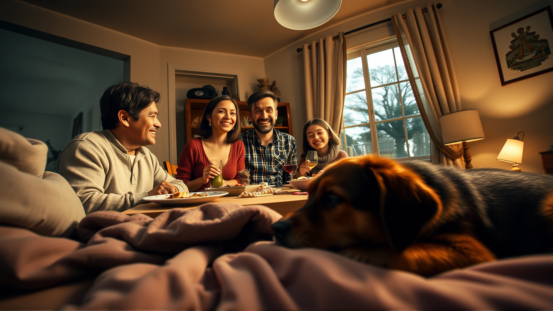 Wide-angle shot of a happy family eating dinner while a well-behaved dog lies calmly on its bed nearby, cozy home interior, evening light.