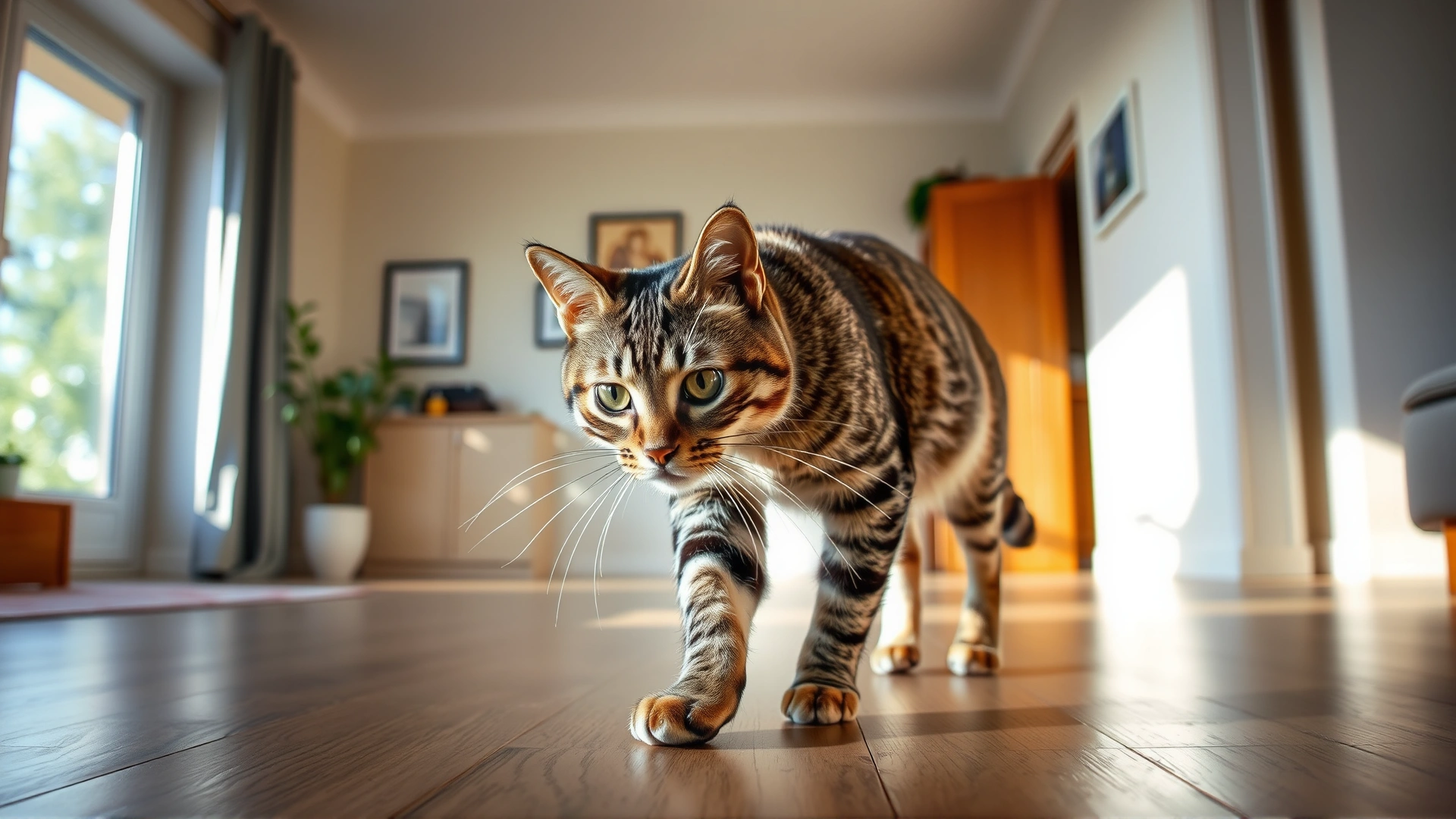 A curious tabby cat walking cautiously in a sunlit living room, whiskers extended forward as it navigates the space, symbolizing adaptation to blindness.