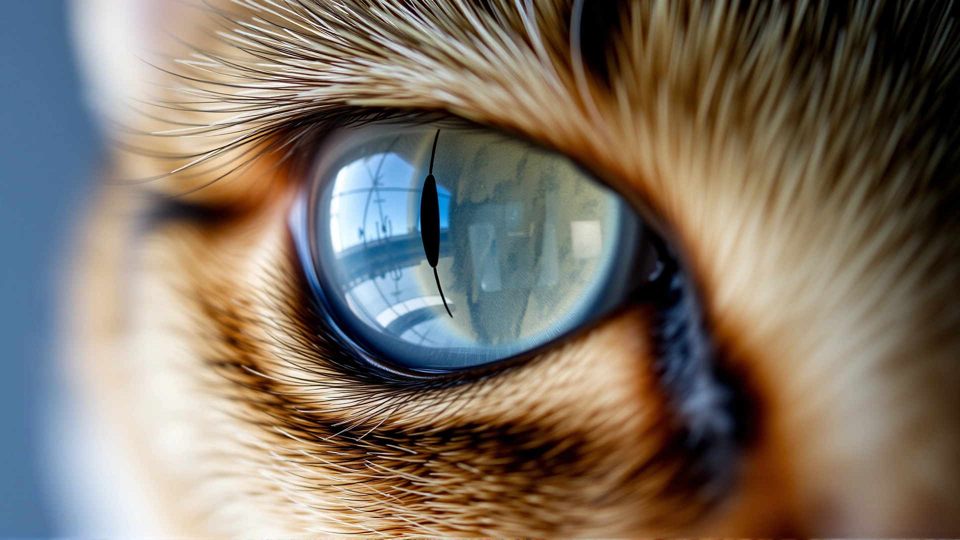 High-resolution close-up of a cat eye with slight cloudiness, natural lighting, space at top for overlay text