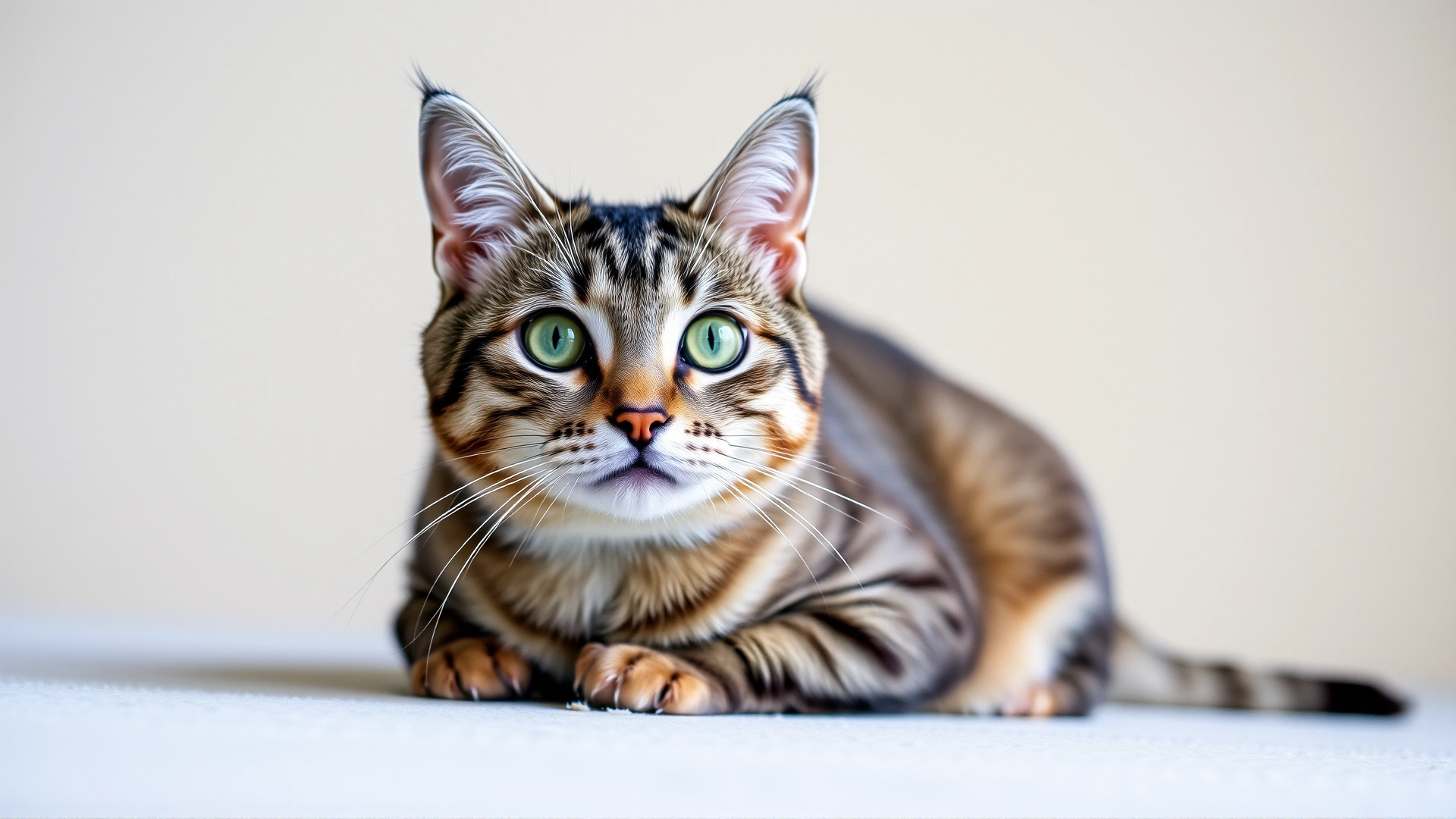 Wide horizontal shot of a grey tabby cat looking directly at the camera with bright eyes, sitting on a neutral background, high resolution, no text overlay