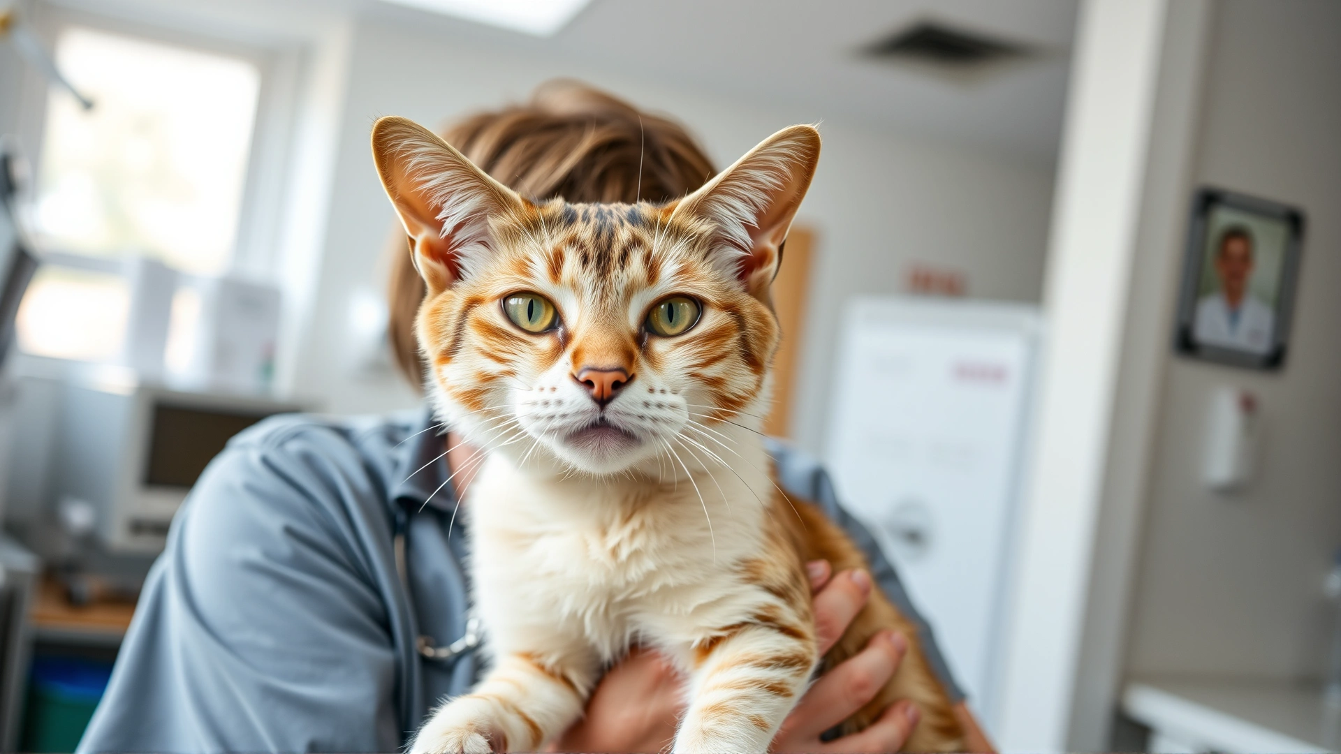 A worried pet owner gently holding an elderly cat inside a bright veterinary clinic, both looking toward the camera, soft natural lighting
