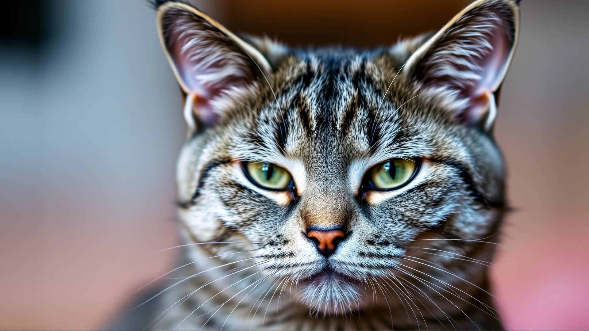 Wide banner image of a calm grey tabby cat looking directly at the camera, one eye in sharp focus showing mild redness, soft blurred background.