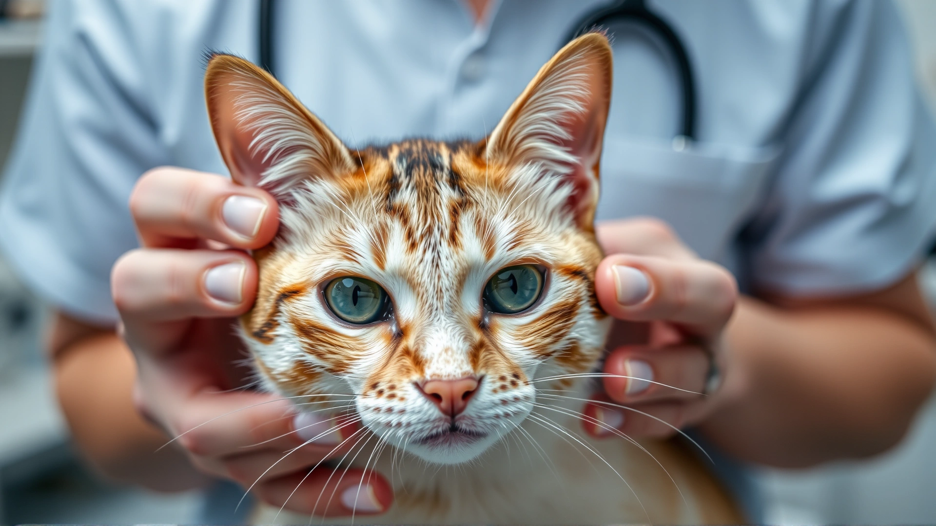 Wide-angle photo of a veterinarian gently holding a calm cat while examining its eyes, clinic background softly blurred.