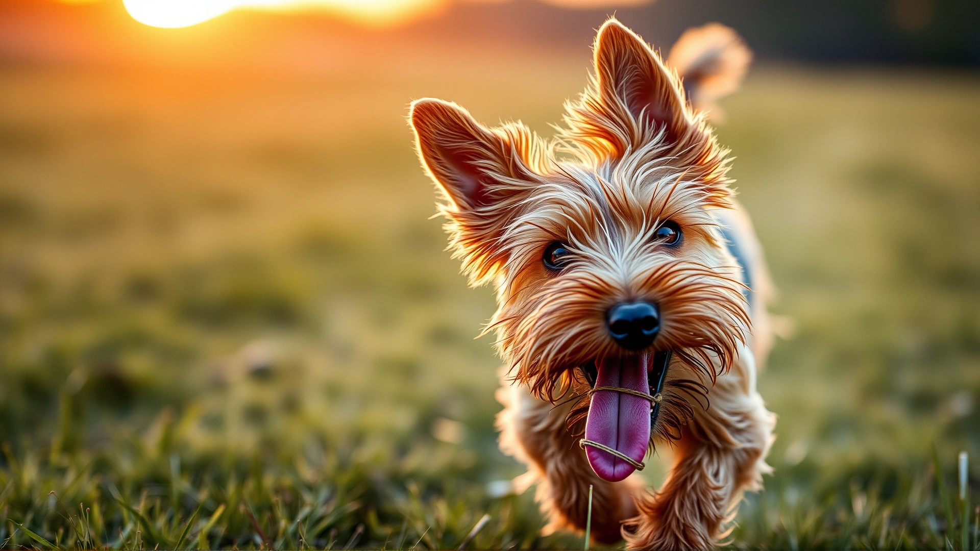 Close-up of an Australian Terrier running across a grassy field with ears perked and tongue out, captured in sharp detail at sunset.