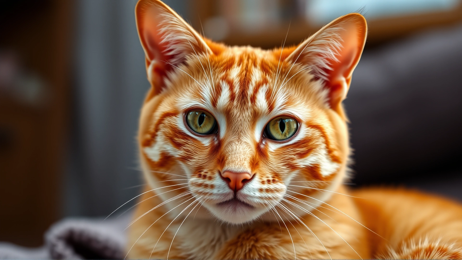 Portrait of a calm orange tabby cat looking directly at the camera with both eyes clearly visible, soft indoor lighting, cozy background, banner ratio