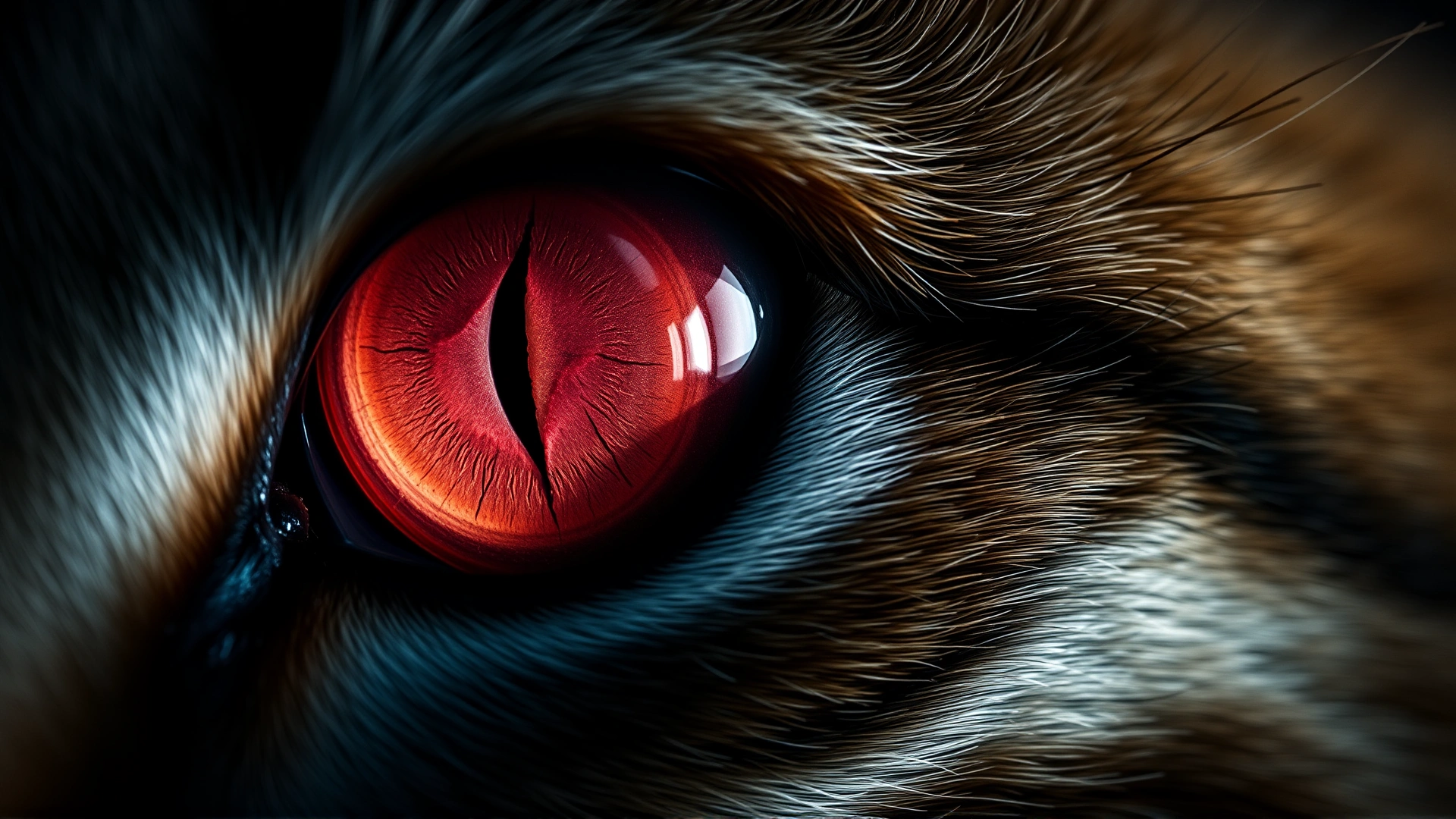 Extreme close-up of a cat's eye with visible pinkish corneal plaque, dramatic lighting, high resolution macro photo