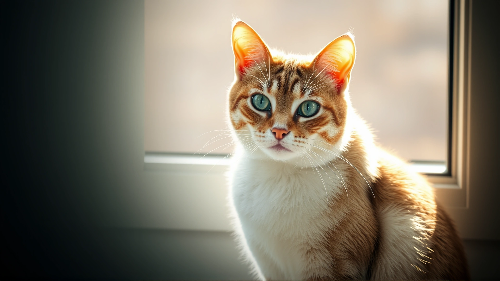 An elegant adult cat sitting by a sunlit window, warm natural light highlighting its face, conveying calmness and curiosity