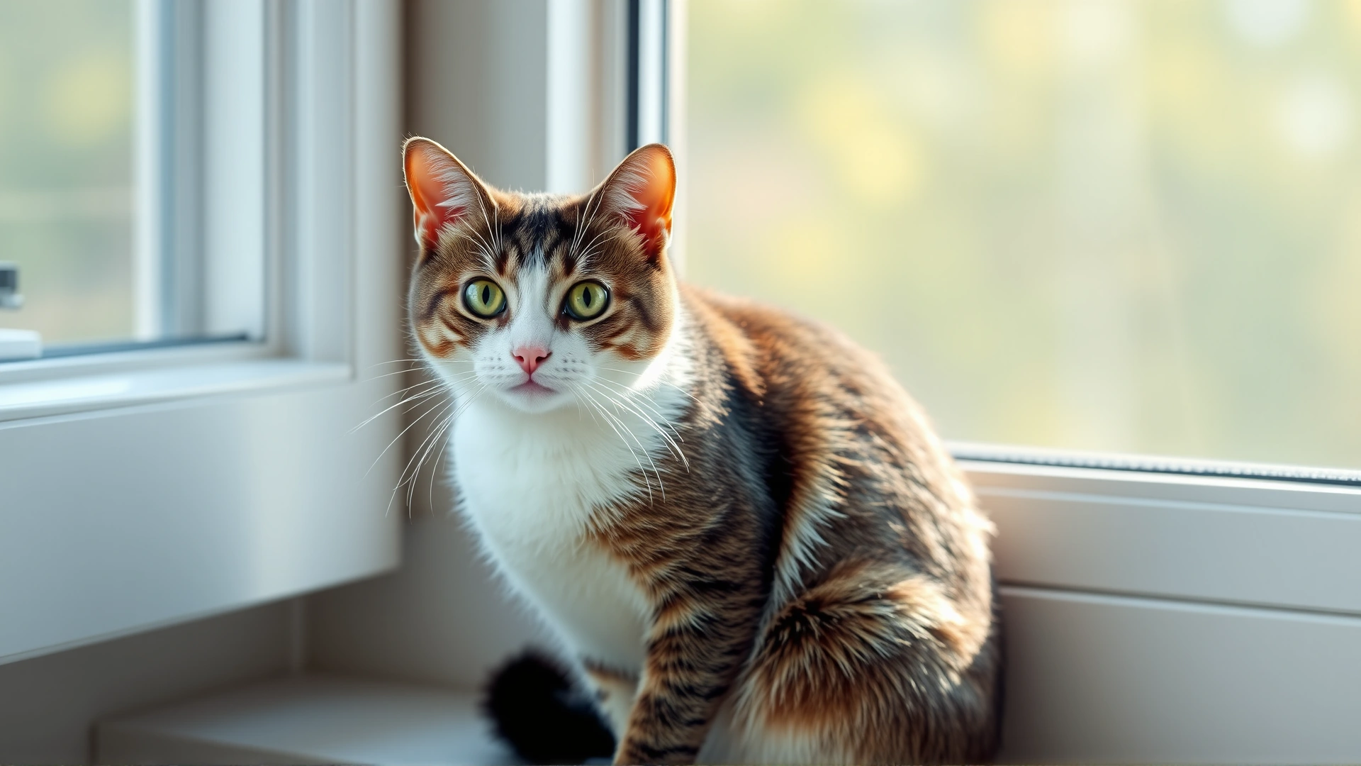 Domestic shorthair cat with bright green eyes sitting on a windowsill, soft natural light, inviting atmosphere