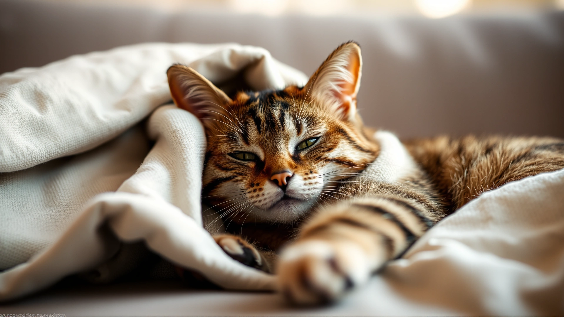 Domestic tabby cat lying lethargically on a sofa wrapped in a light blanket, soft warm lighting, shallow depth of field