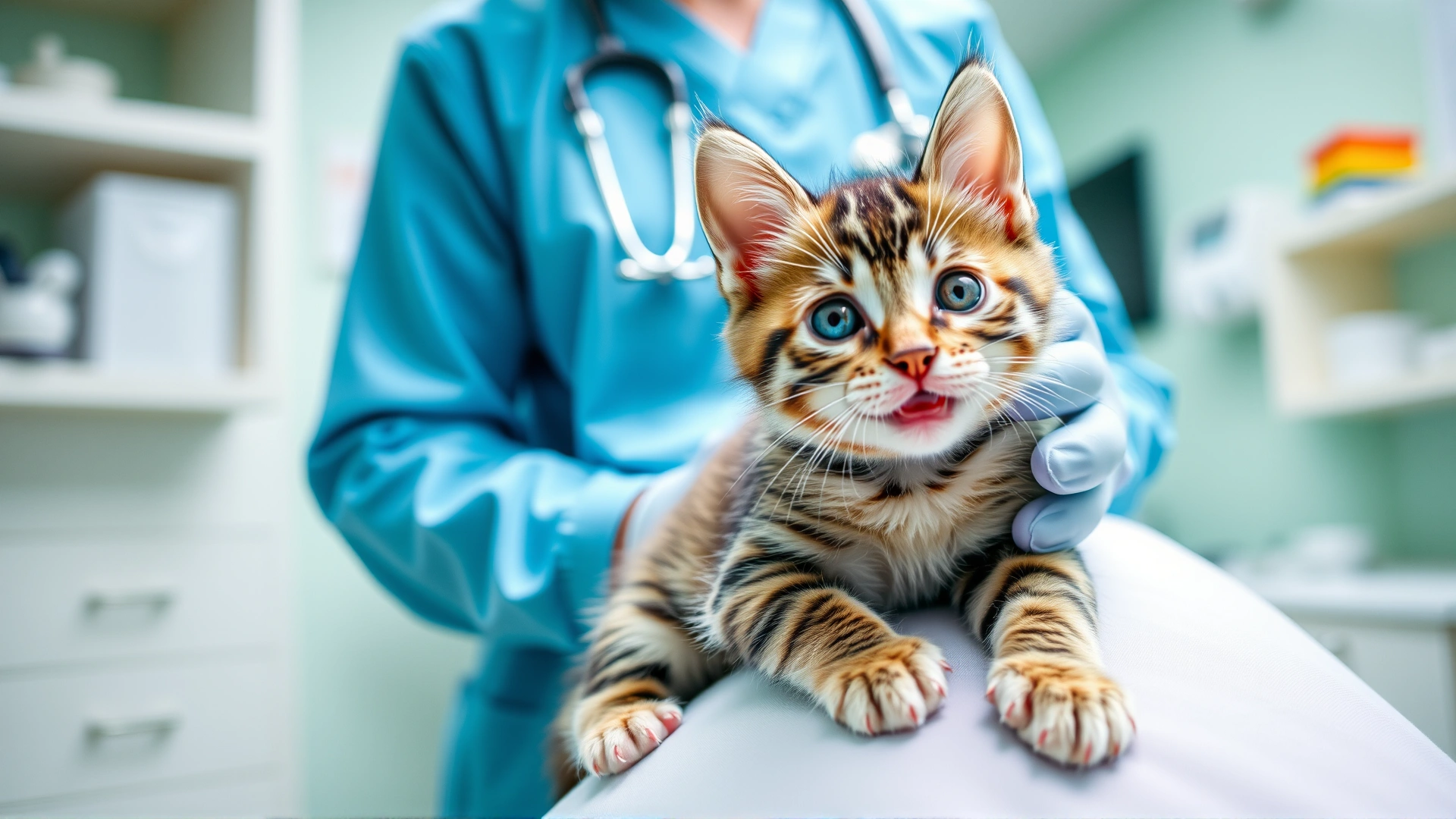 Playful kitten climbing onto a veterinarian's lap in a bright clinic, engaging and hopeful mood, high resolution, no text