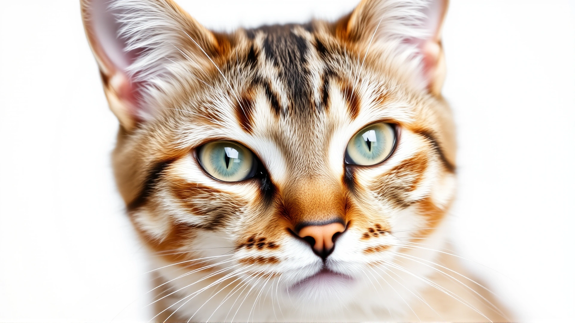 Close-up portrait of a healthy adult cat with bright eyes against a clean white background, symbolizing overall feline wellness, no text