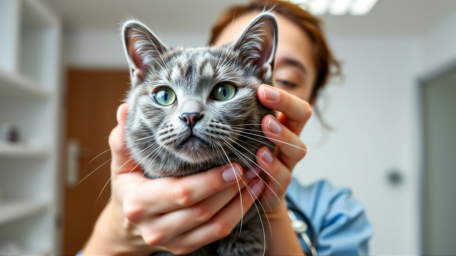 Wide horizontal shot of a veterinarian gently holding a grey cat while examining its nose in a bright, modern clinic environment.