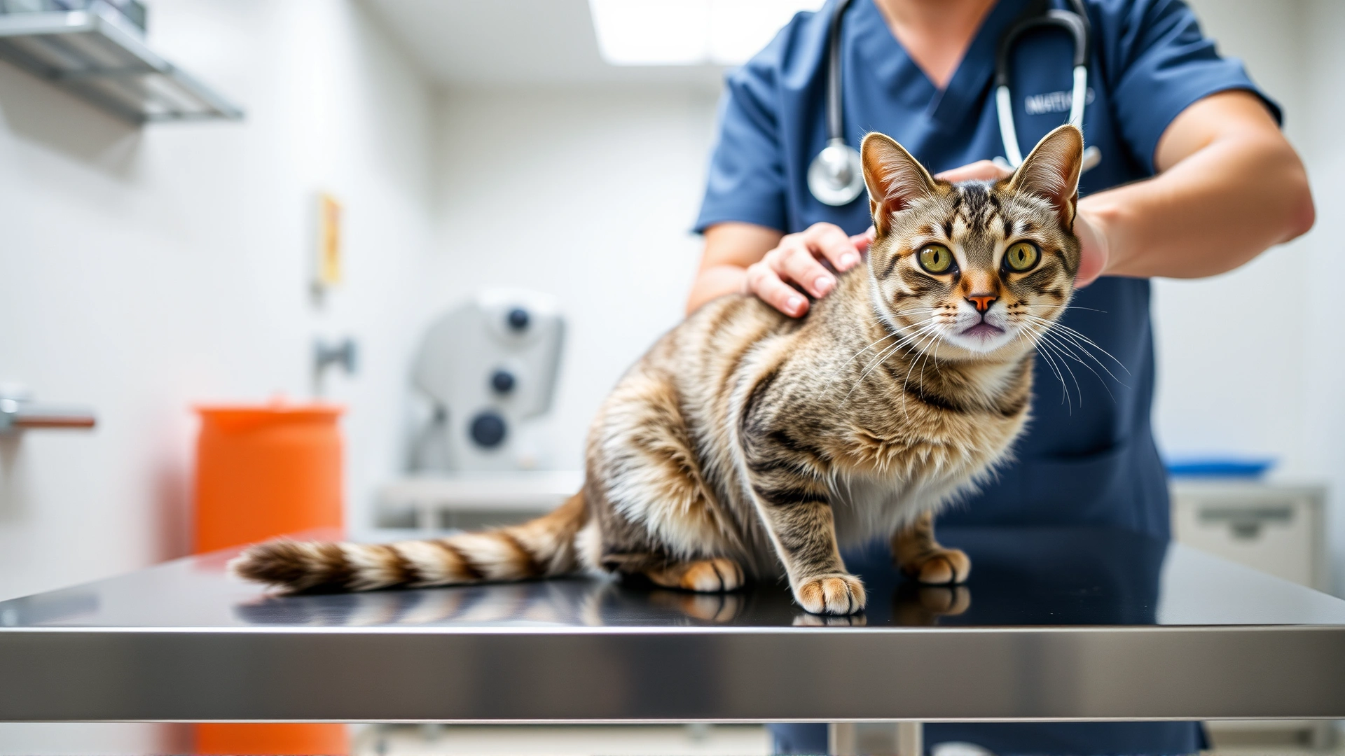 Domestic short-haired cat sitting confidently on a stainless-steel examination table while a veterinarian gently pets it, bright clinical background