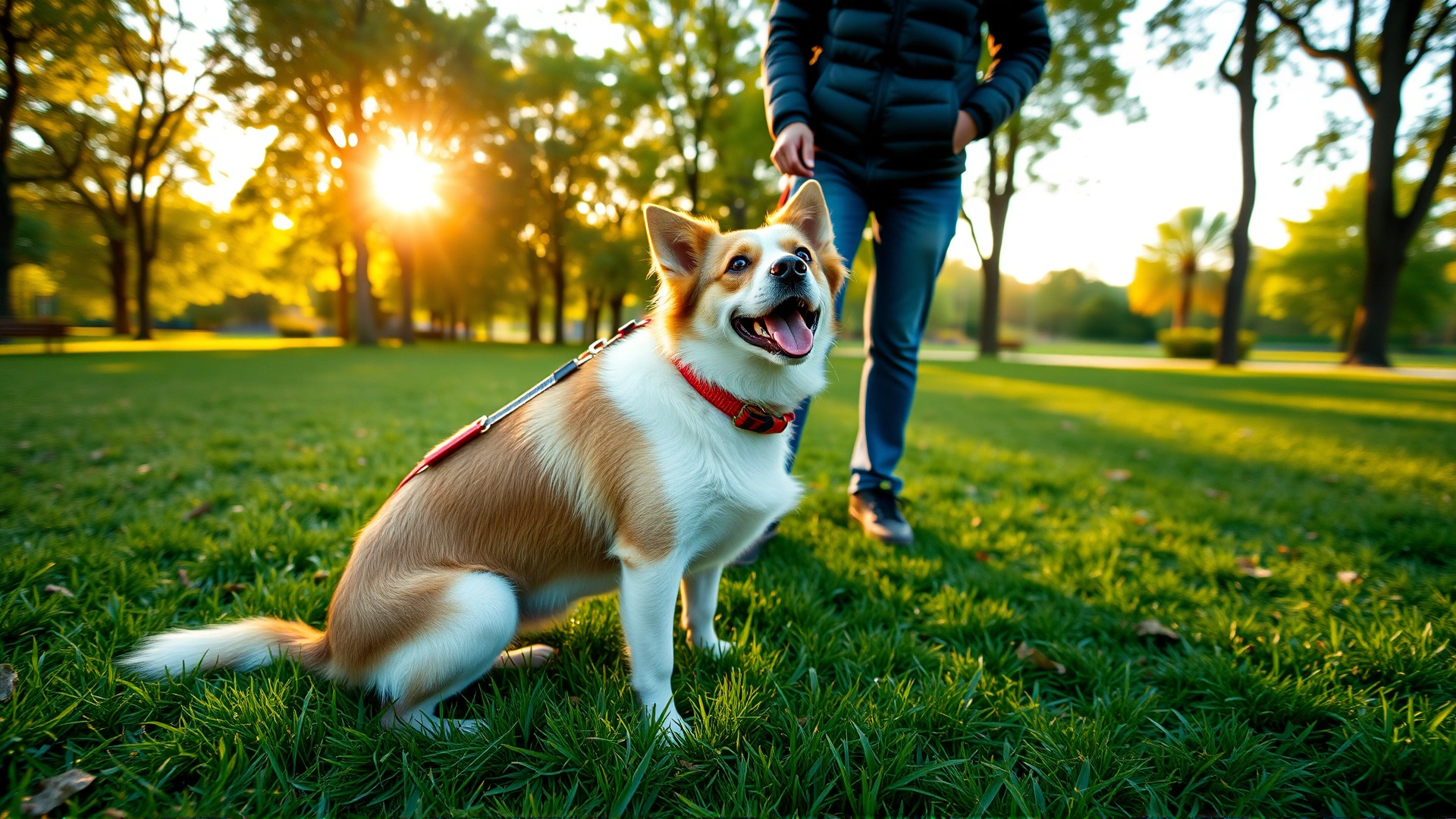 Wide-angle shot of a cheerful dog and its owner practicing sit command in a green park during golden hour, soft warm lighting