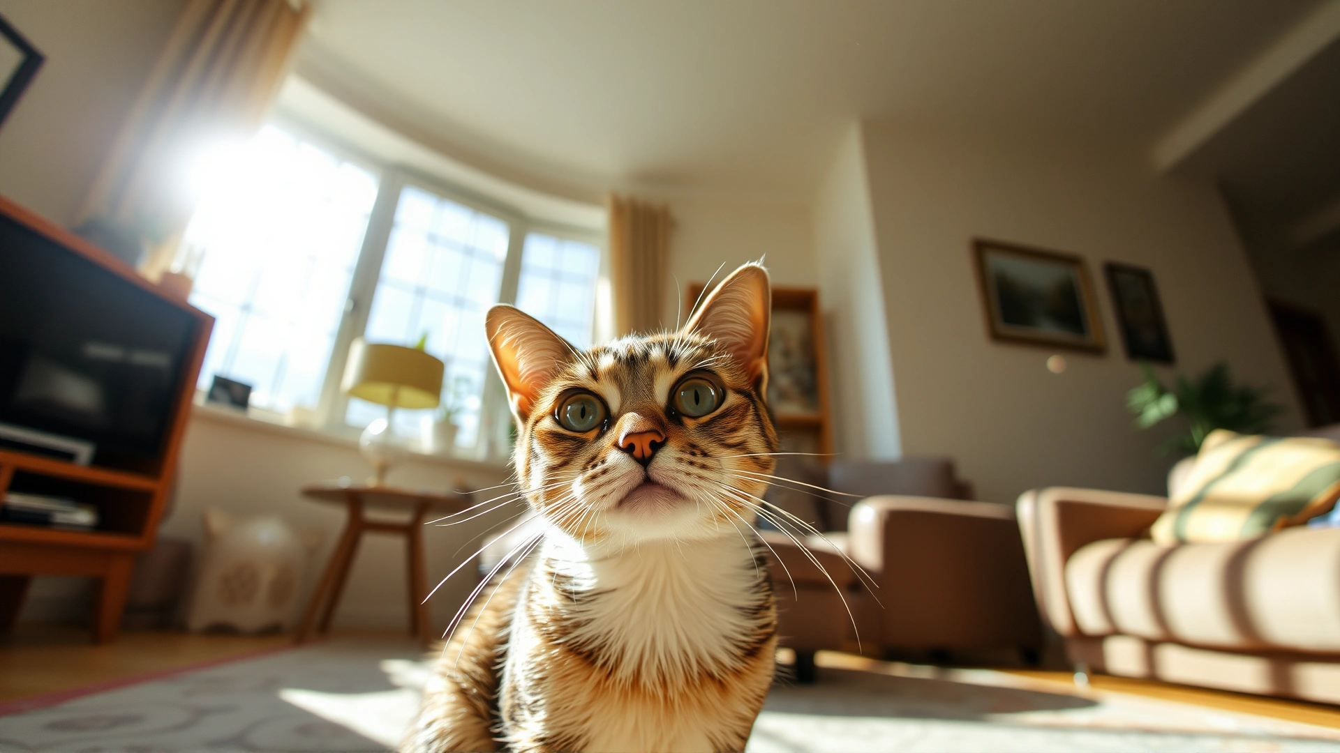 Wide-angle shot of a concerned-looking cat in a sunlit living room, with subtle dust particles in the air to hint at environmental pathogens.