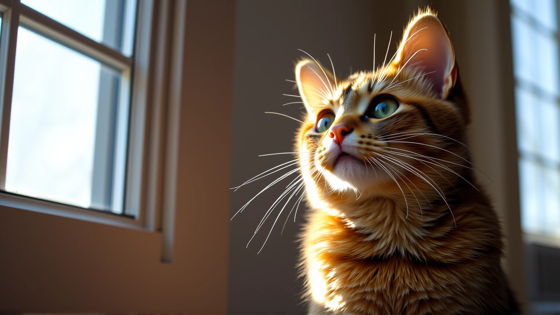 A curious domestic shorthair cat sitting by a sunlit window, light illuminating the whiskers, symbolizing cat health and awareness.
