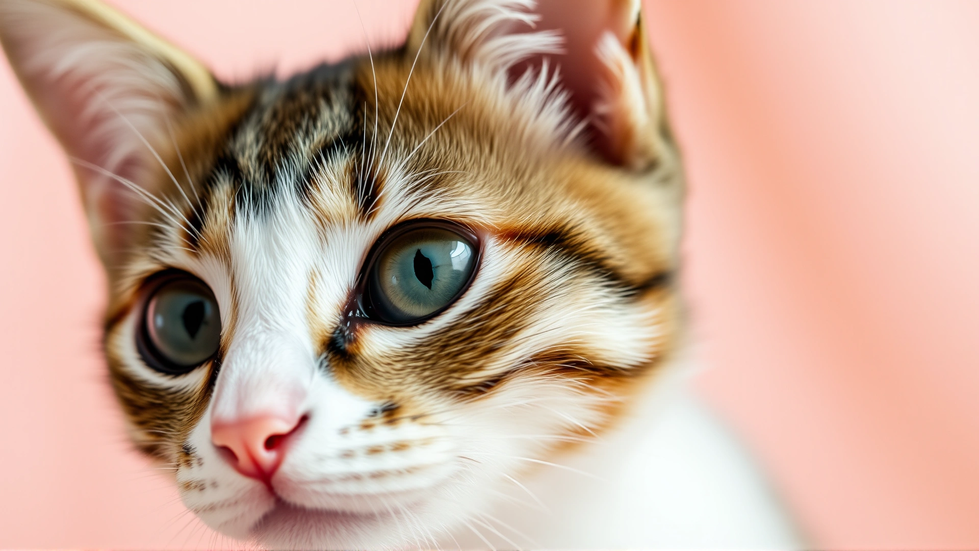 Close-up portrait of a curious young domestic short-haired cat with alert eyes against a soft pastel background, symbolizing feline health and curiosity.