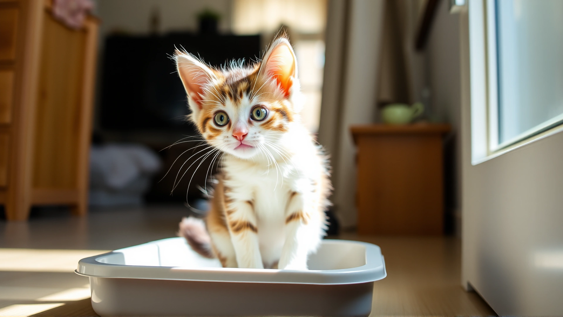Playful kitten with bright eyes sitting on clean litter box area, sunlit home interior, capturing attention and representing healthy living conditions for cats.