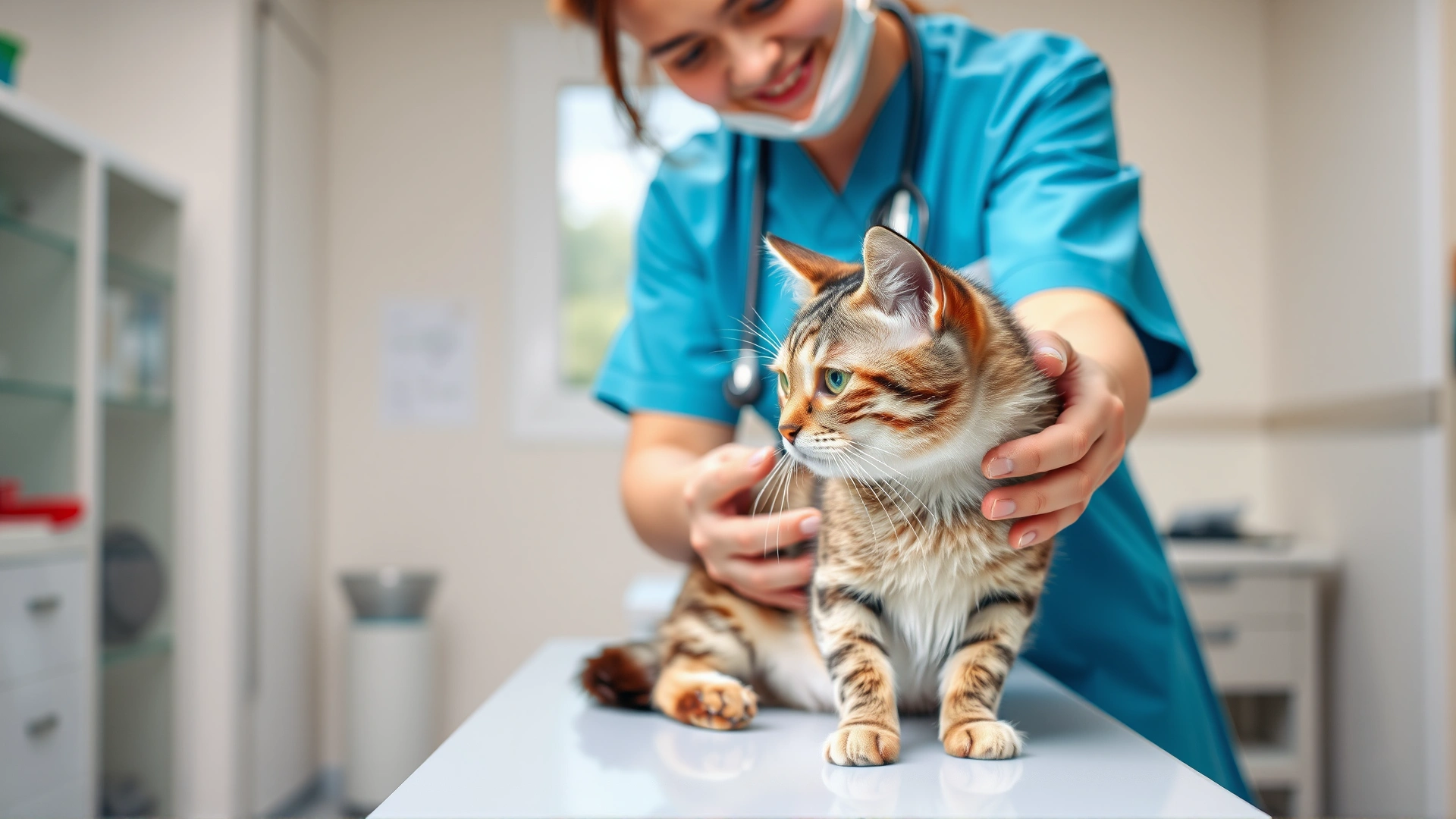 Wide hero banner showing a veterinarian gently examining a domestic short-haired cat on an examination table, bright veterinary clinic background, friendly atmosphere.