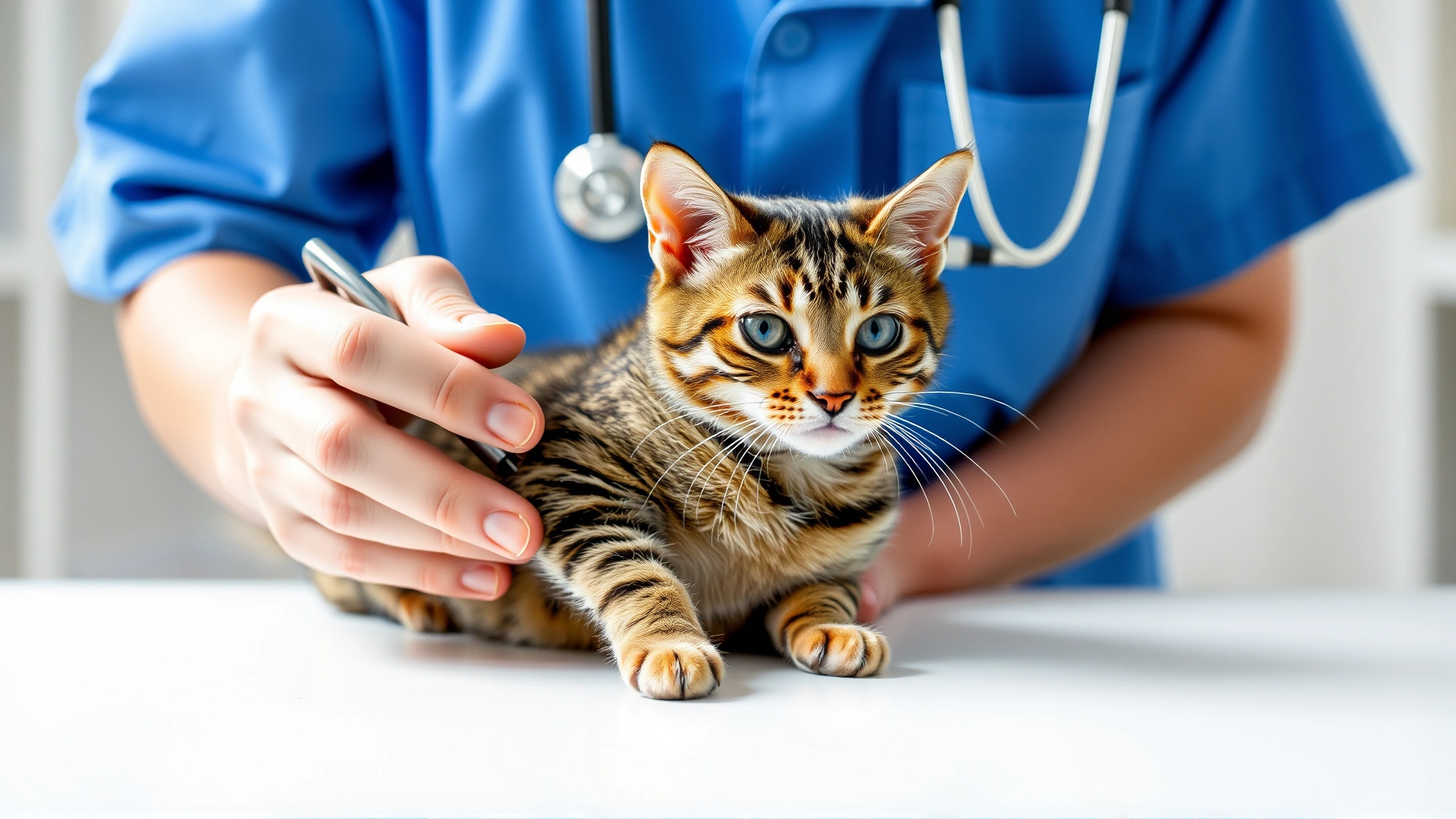 Wide horizontal image of a veterinarian gently examining a tabby cat on a clinic table, conveying concern and care, bright and clean background, no text